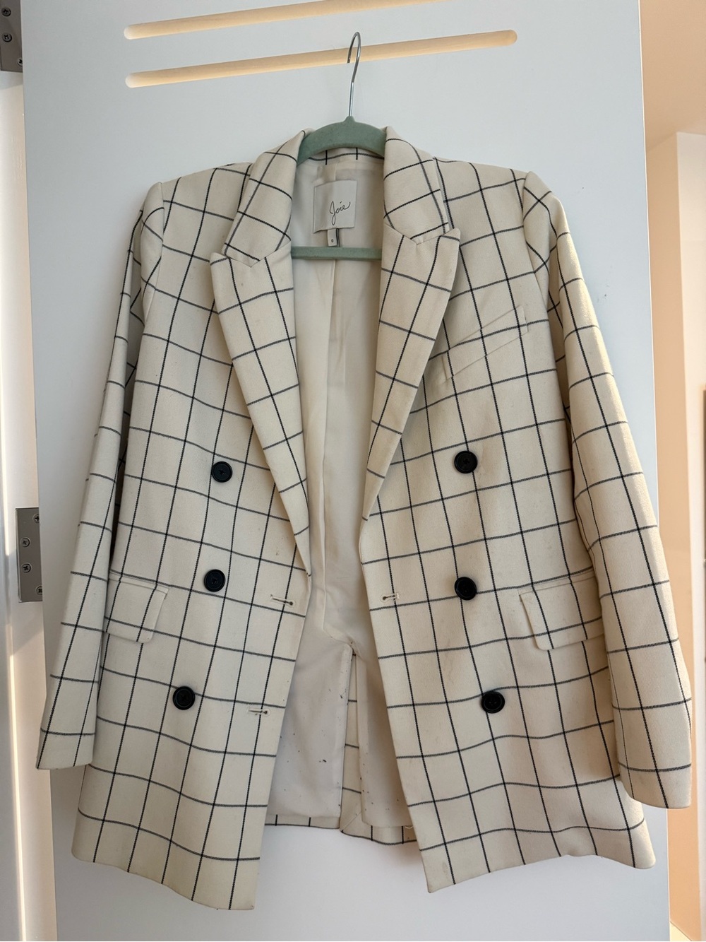 Joie Cream Windowpane Double-Breasted Blazer